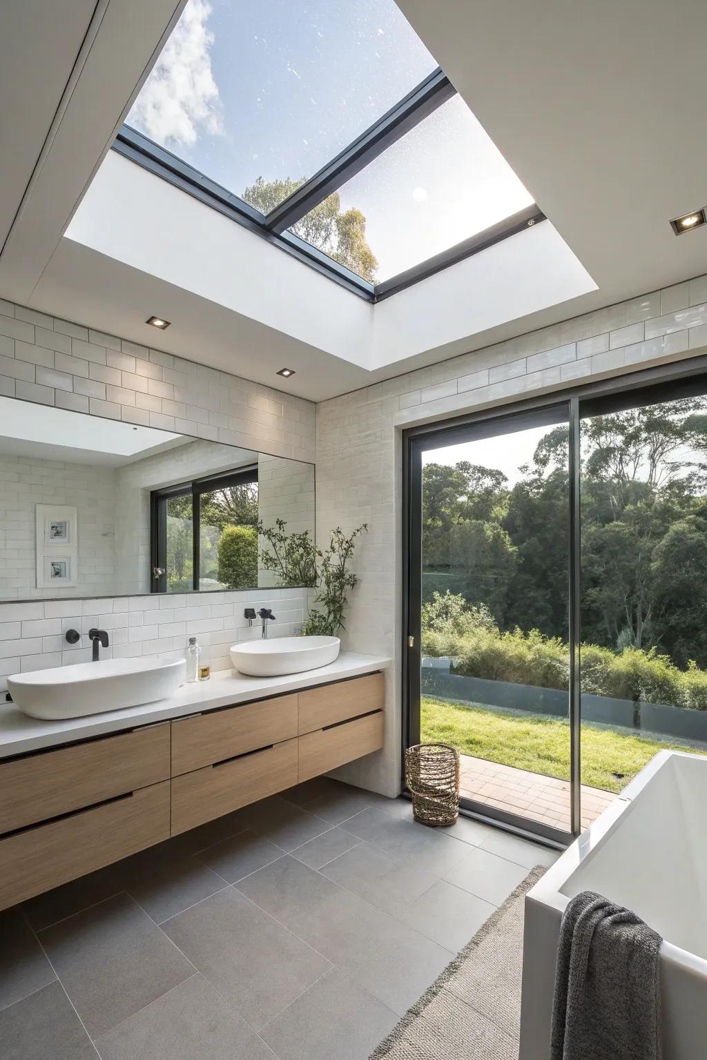 A bathroom using a skylight featuring invisible trim.
