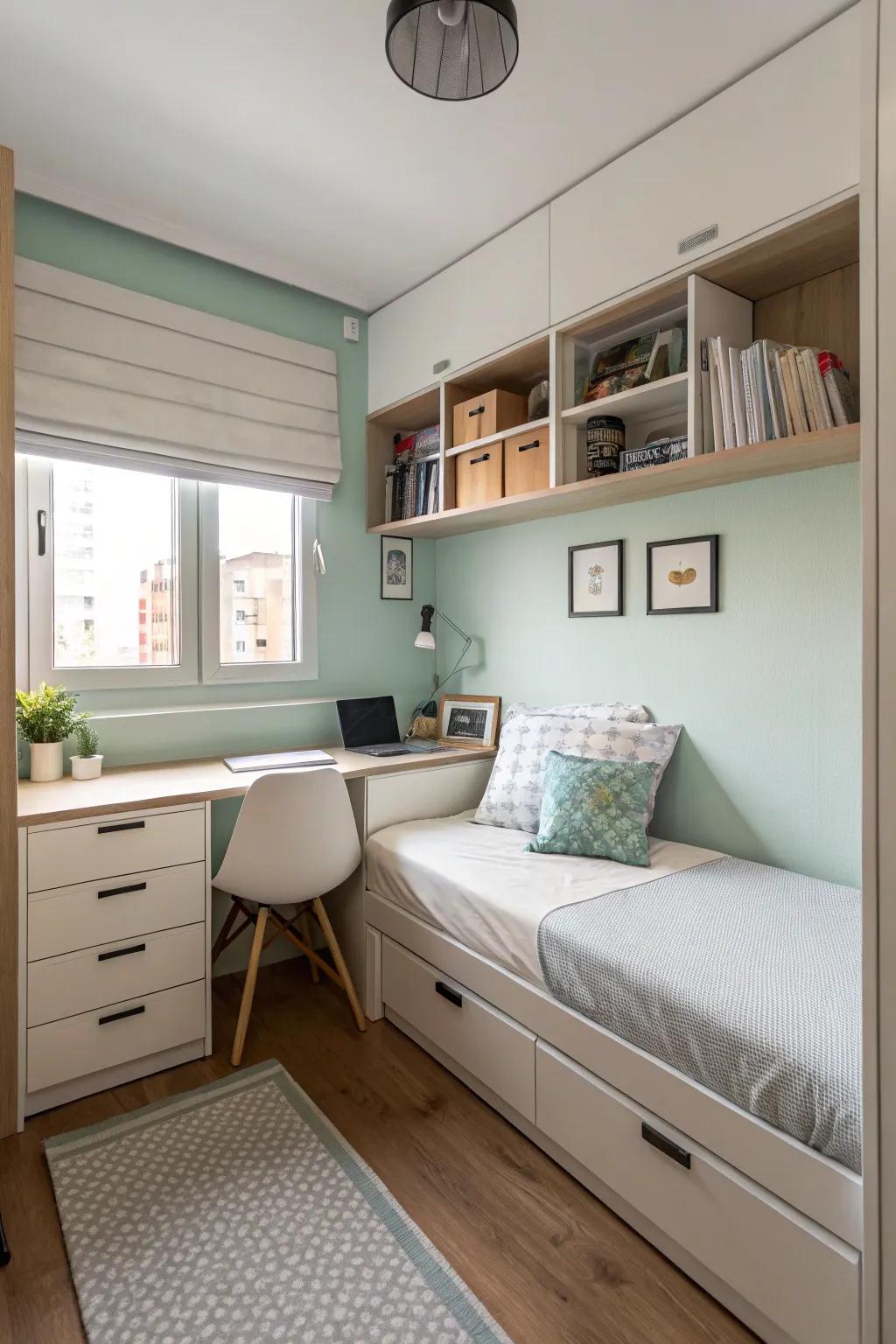 A small bedroom using streamlined furniture to enhance the feeling of spaciousness.