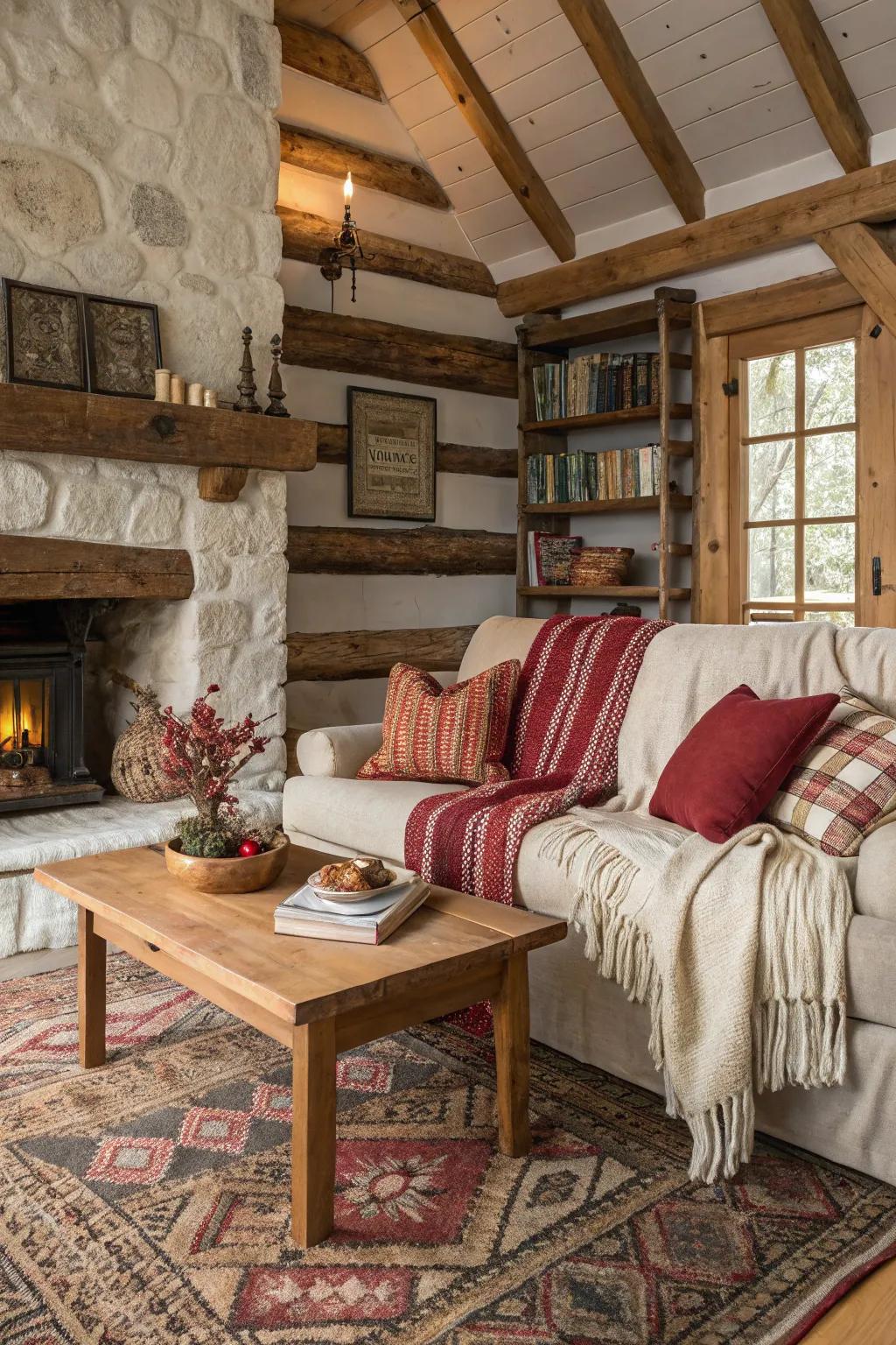A cabin interior enriched with layered textiles for added warmth.