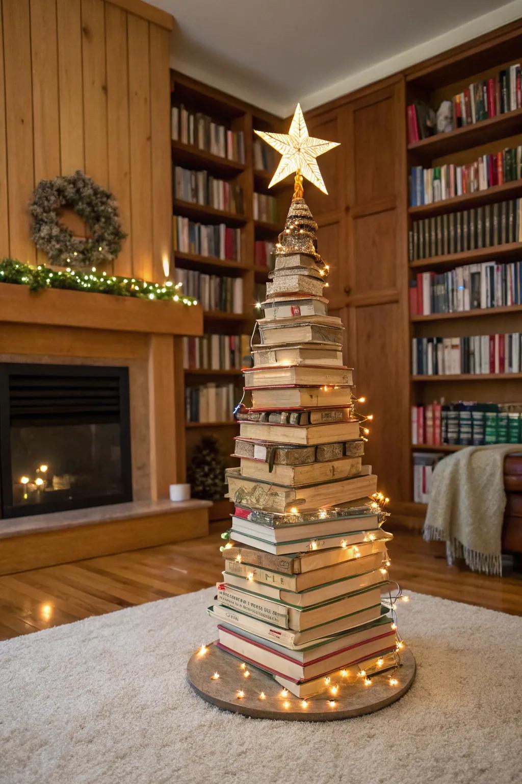 A creative book tree adds a literary twist to holiday decorations.