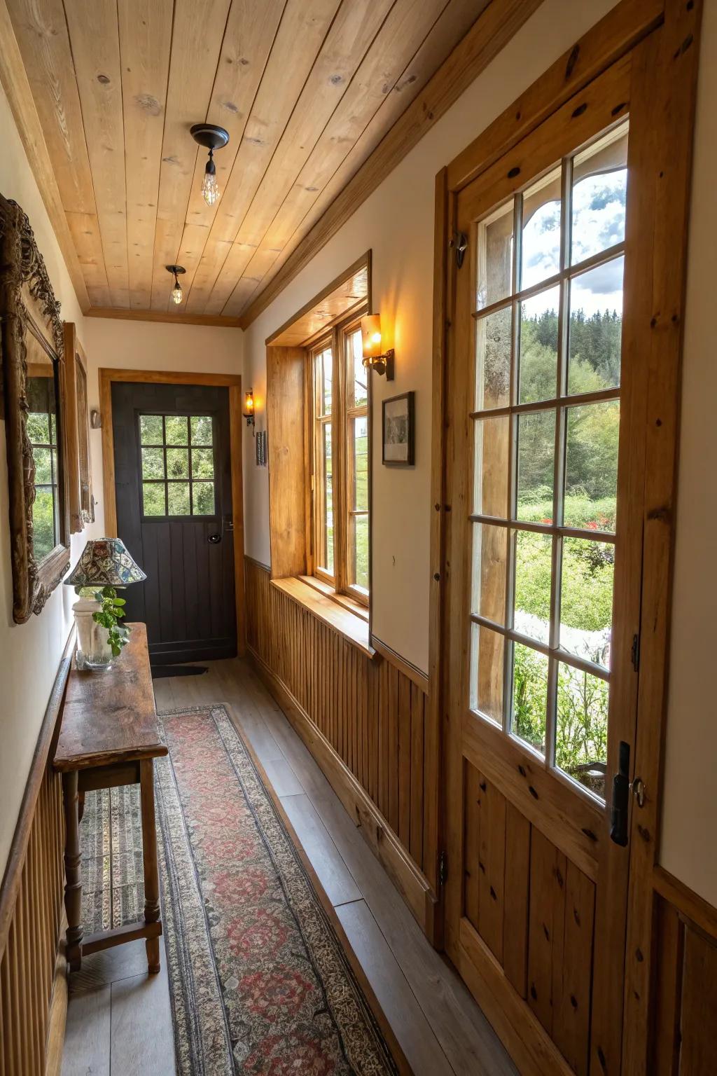 Mirrors fashion the illusion of magnitude within this cottage hallway.