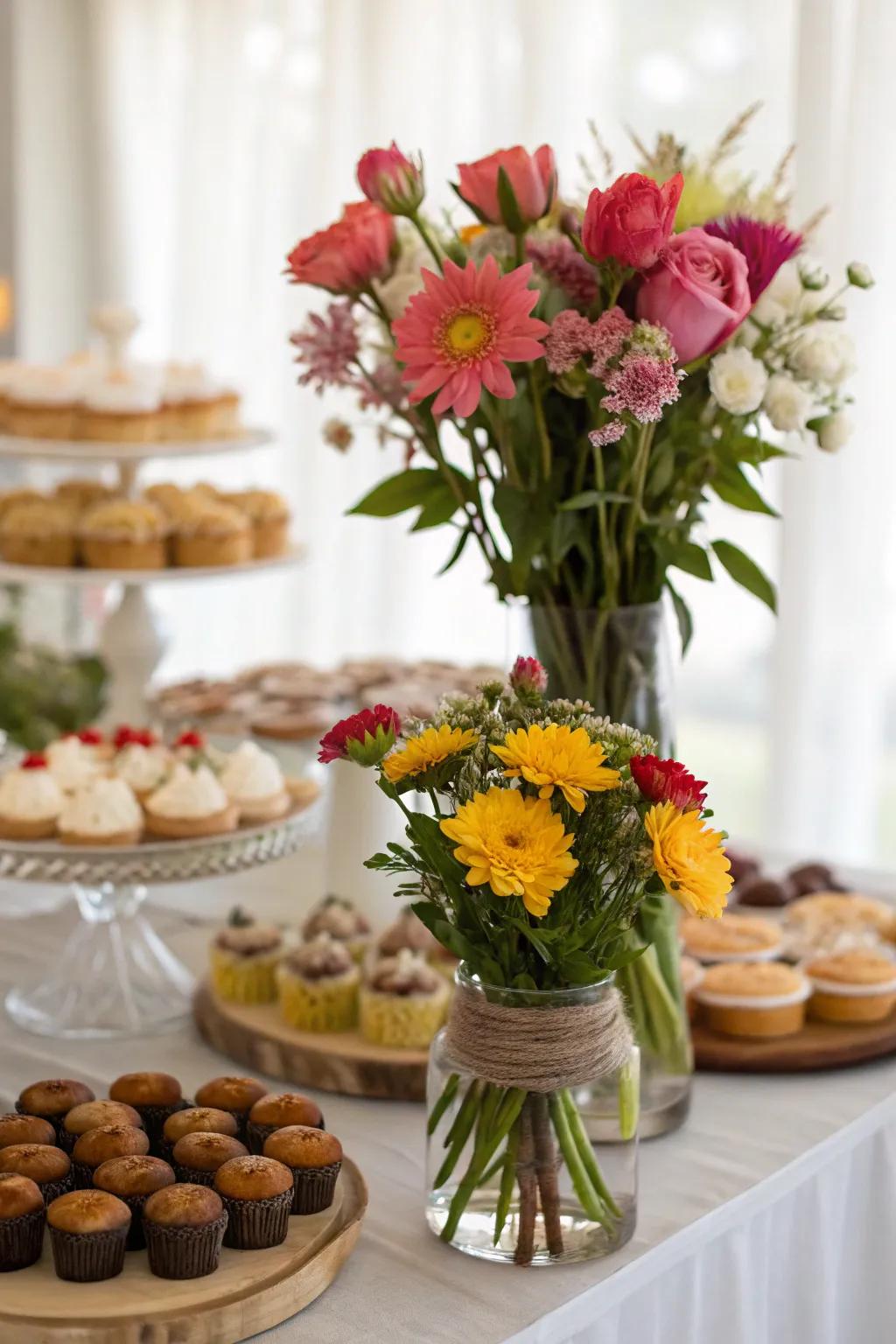 Sophisticated floral details that beautifully enhance a dessert table.
