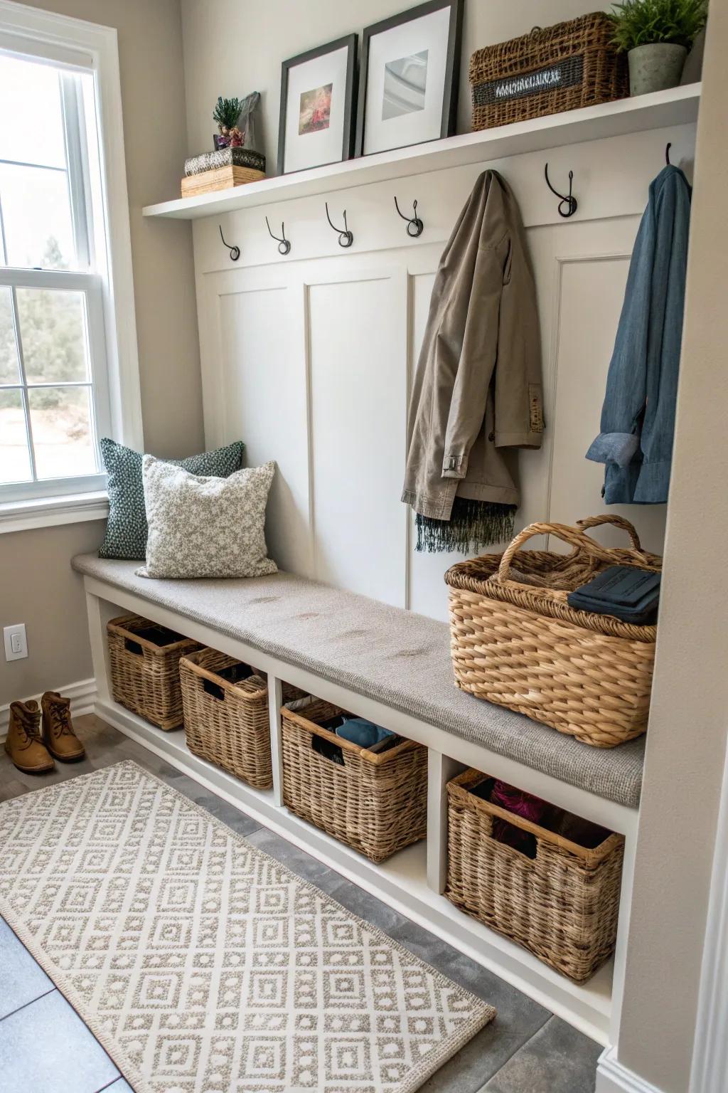 Interwoven containers enhance warmth and organization.