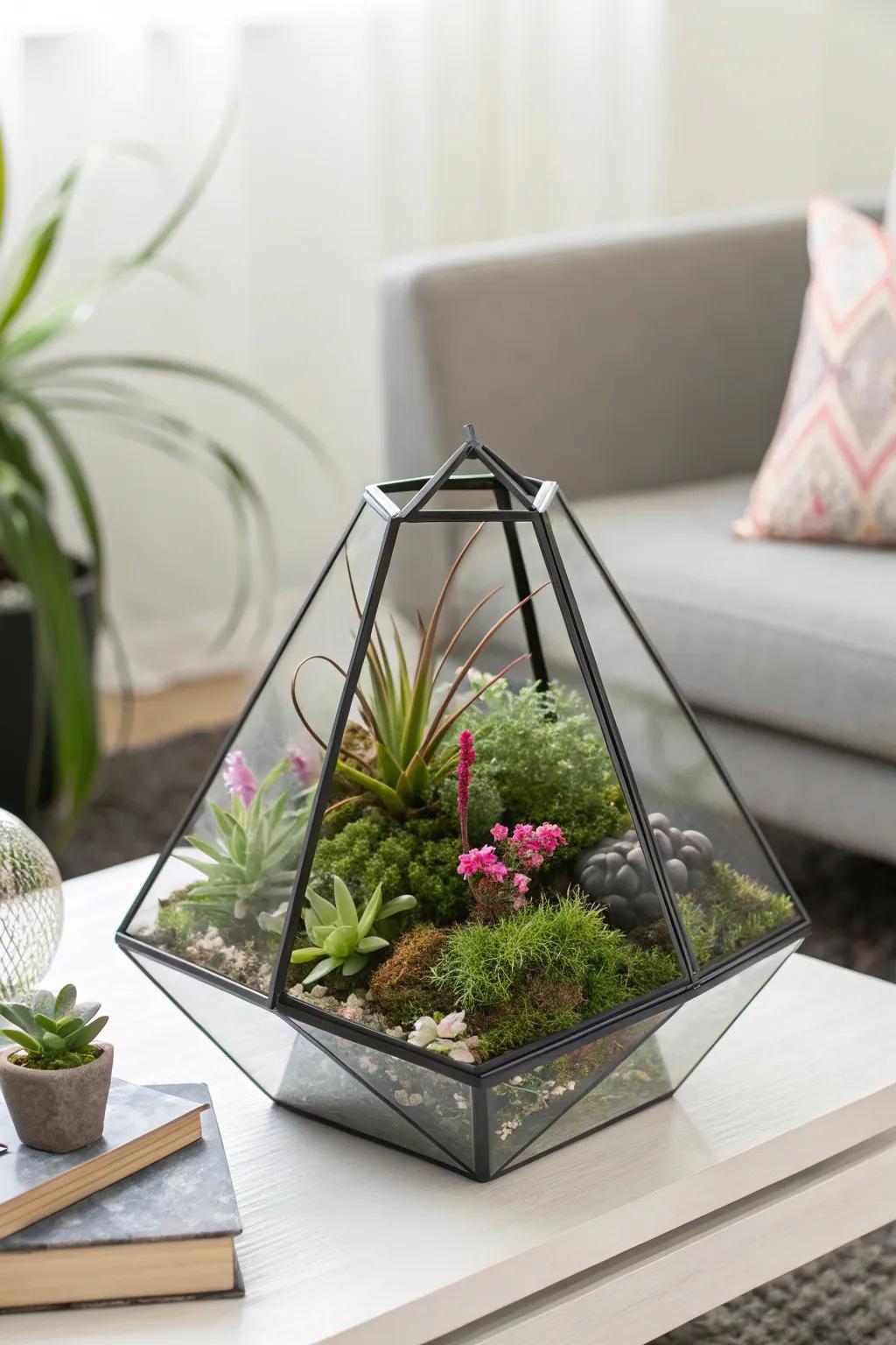 Multifaceted enclosures present a contemporary curvature for botanical displays.