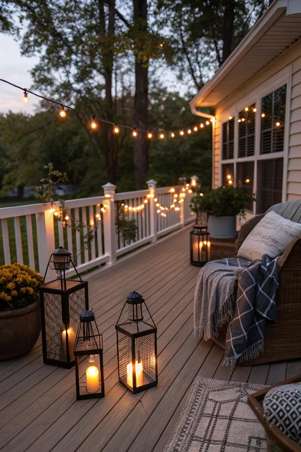 Soft lighting fashions an inviting nighttime atmosphere.