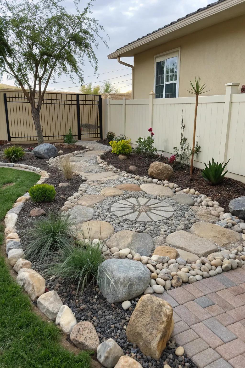 Decorative stones create focal points that are easy to care for.