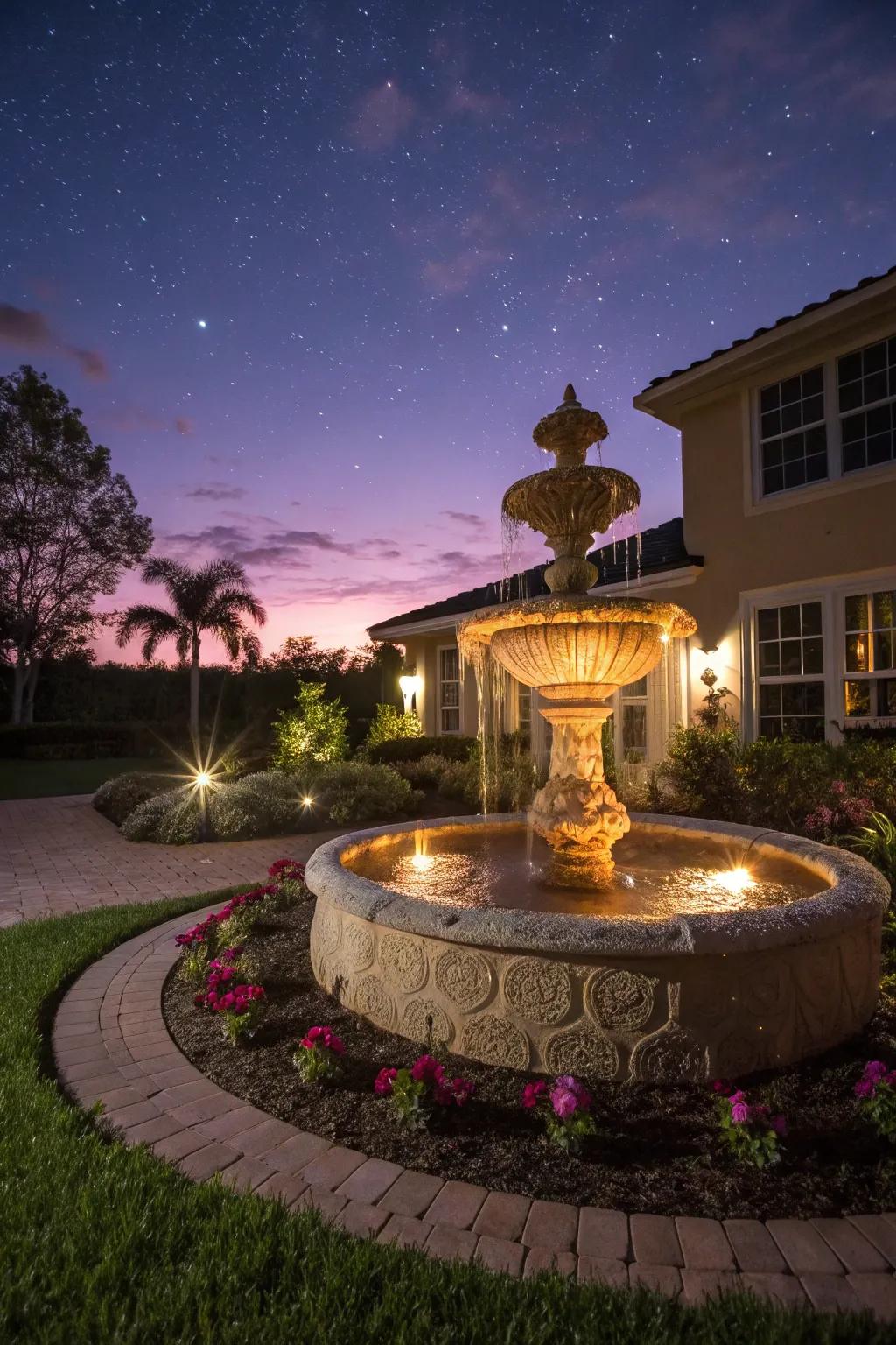 LED lamps transform a water feature into a nocturnal spectacle.