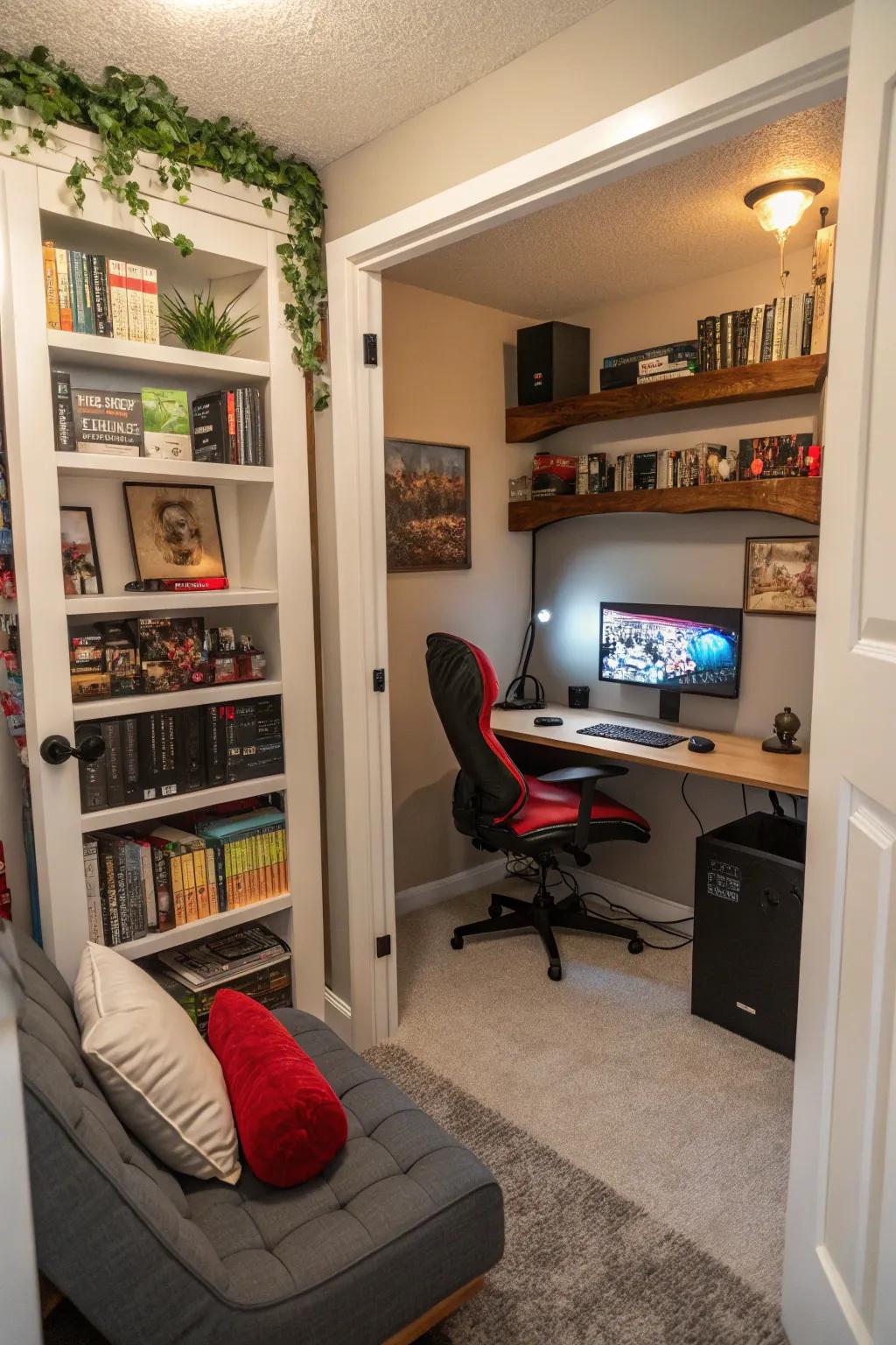A closet transformed into a cozy gaming nook maximizes space.
