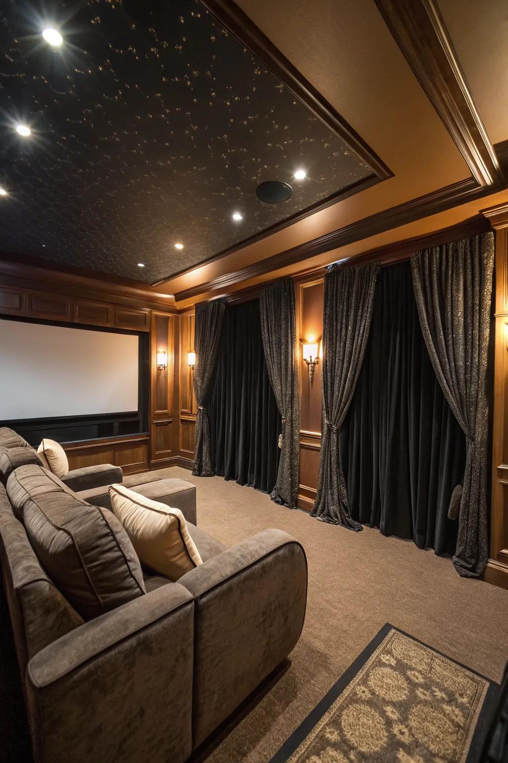 Drapes keep the room dark and engaging.