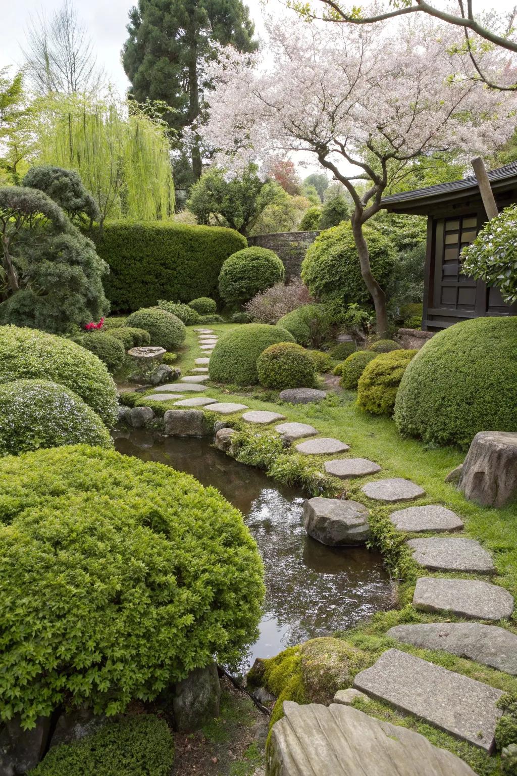 Evergreen bushes giving year-round vibrancy.