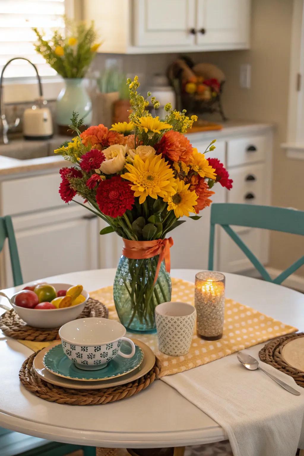 A vibrant centerpiece that livens up a small dining space.