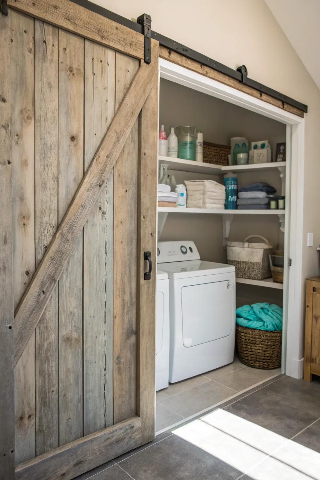 A sliding farm-style door blends practicality with rustic charm.