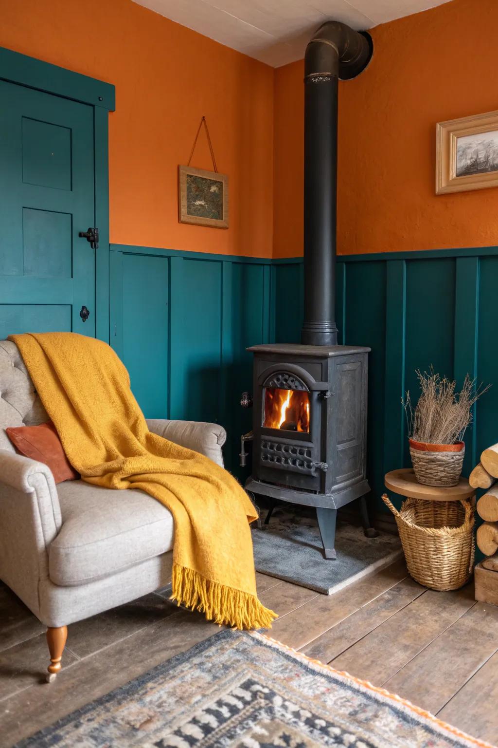 A wood-burning stove gives warmth and a rustic charm to any compact room.