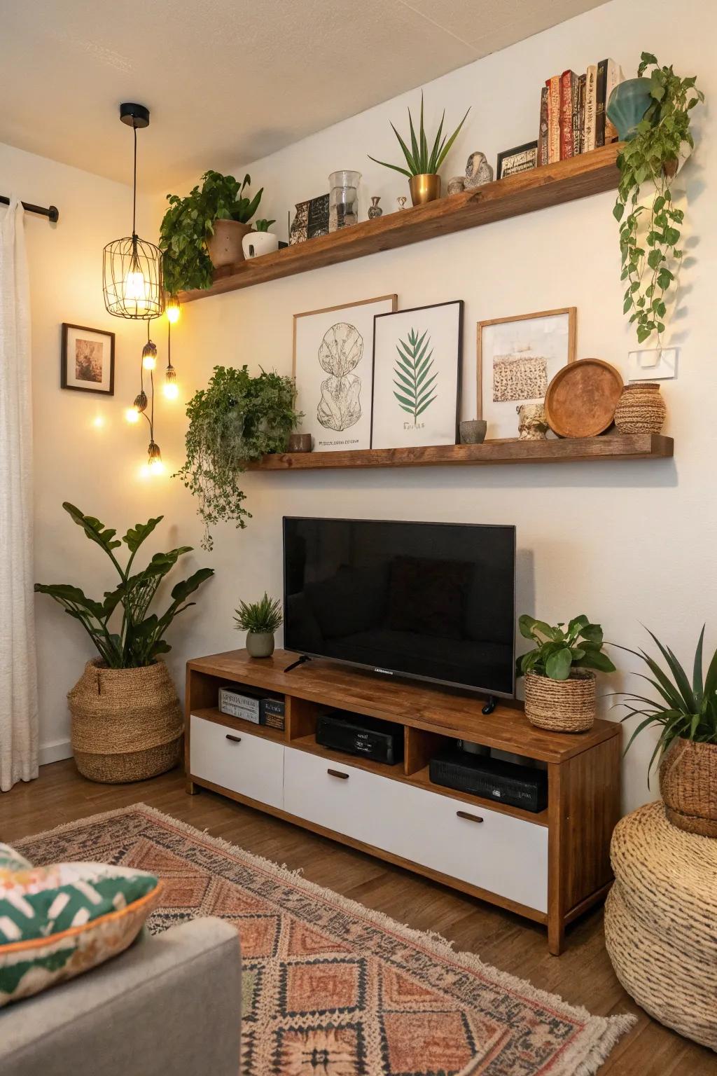 Shelves that float create decorative storage solutions without added clutter.