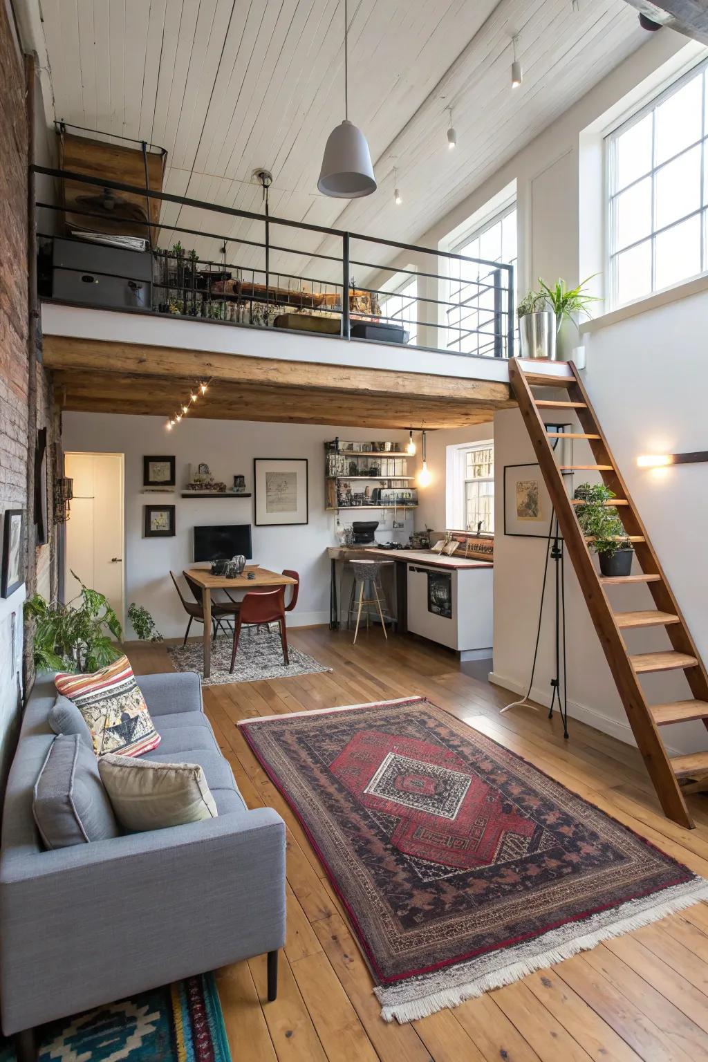 Carpets can help define and separate spaces in a small loft.