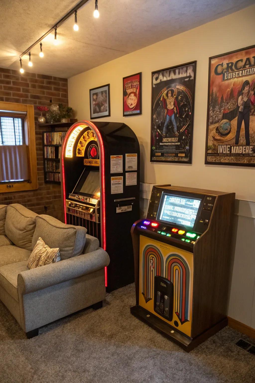 Retro arcade units and a vintage jukebox incorporate a nostalgic and playful vibe.