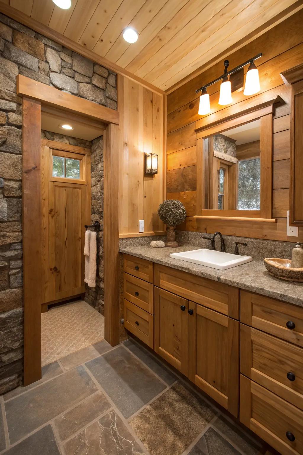 Organic components bring warmth and texture to small bathrooms.