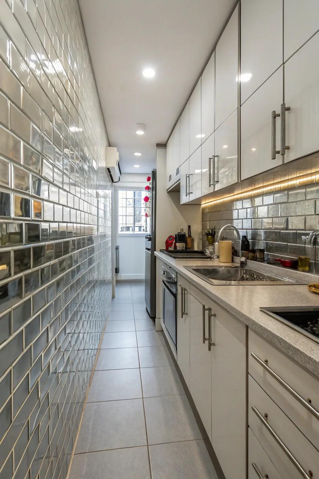 A reflective backsplash introduces dimension and luminosity to this cooking area.