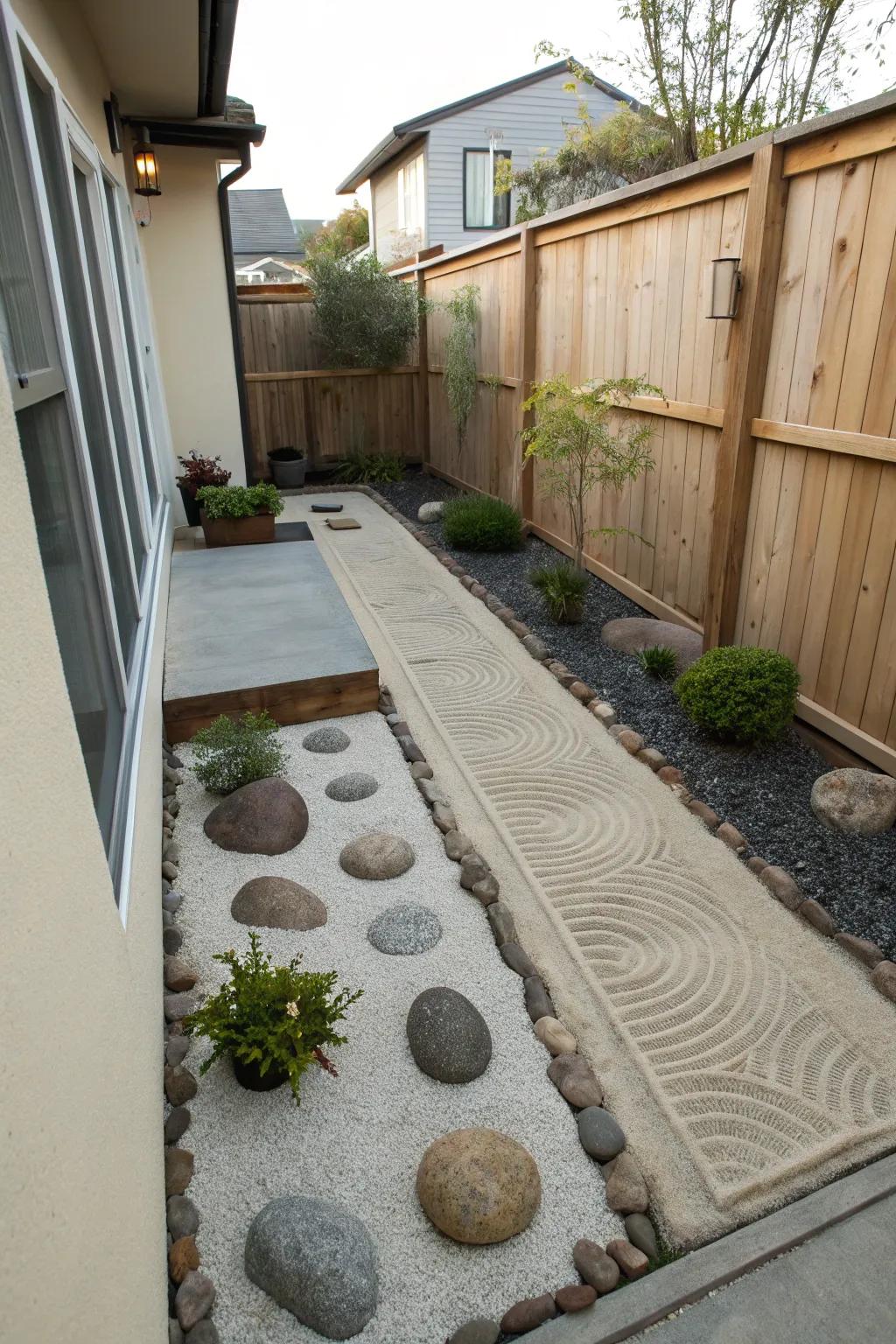 Zen garden touches introduce tranquility to narrow side yards.