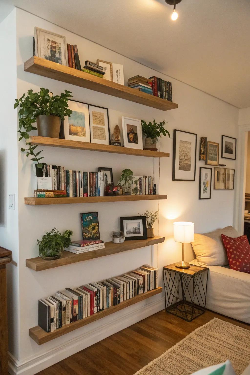 Levitating shelves give you storage while keeping the floor clear.