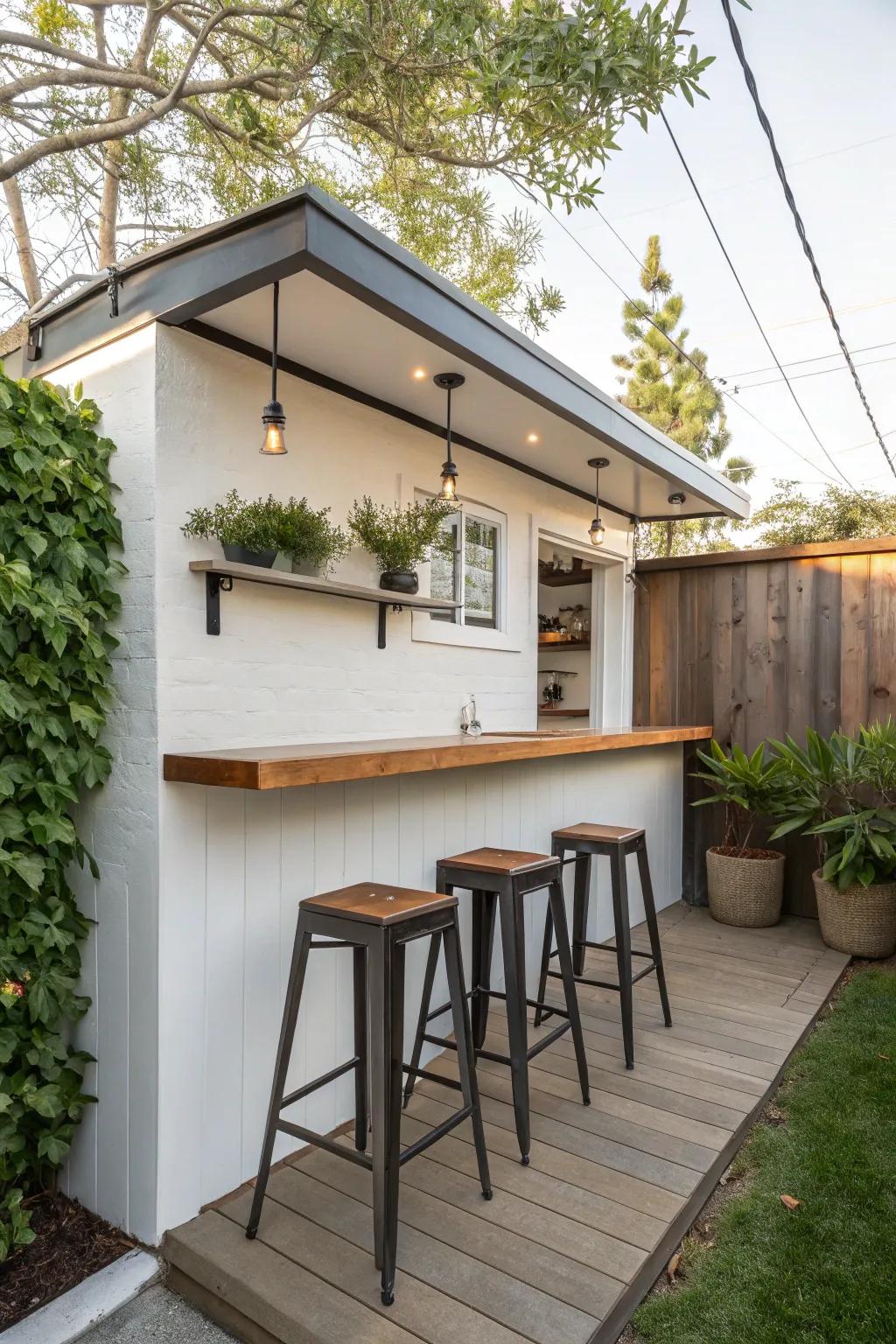 A wall-affixed bar provides a stylish solution for al fresco amusement.
