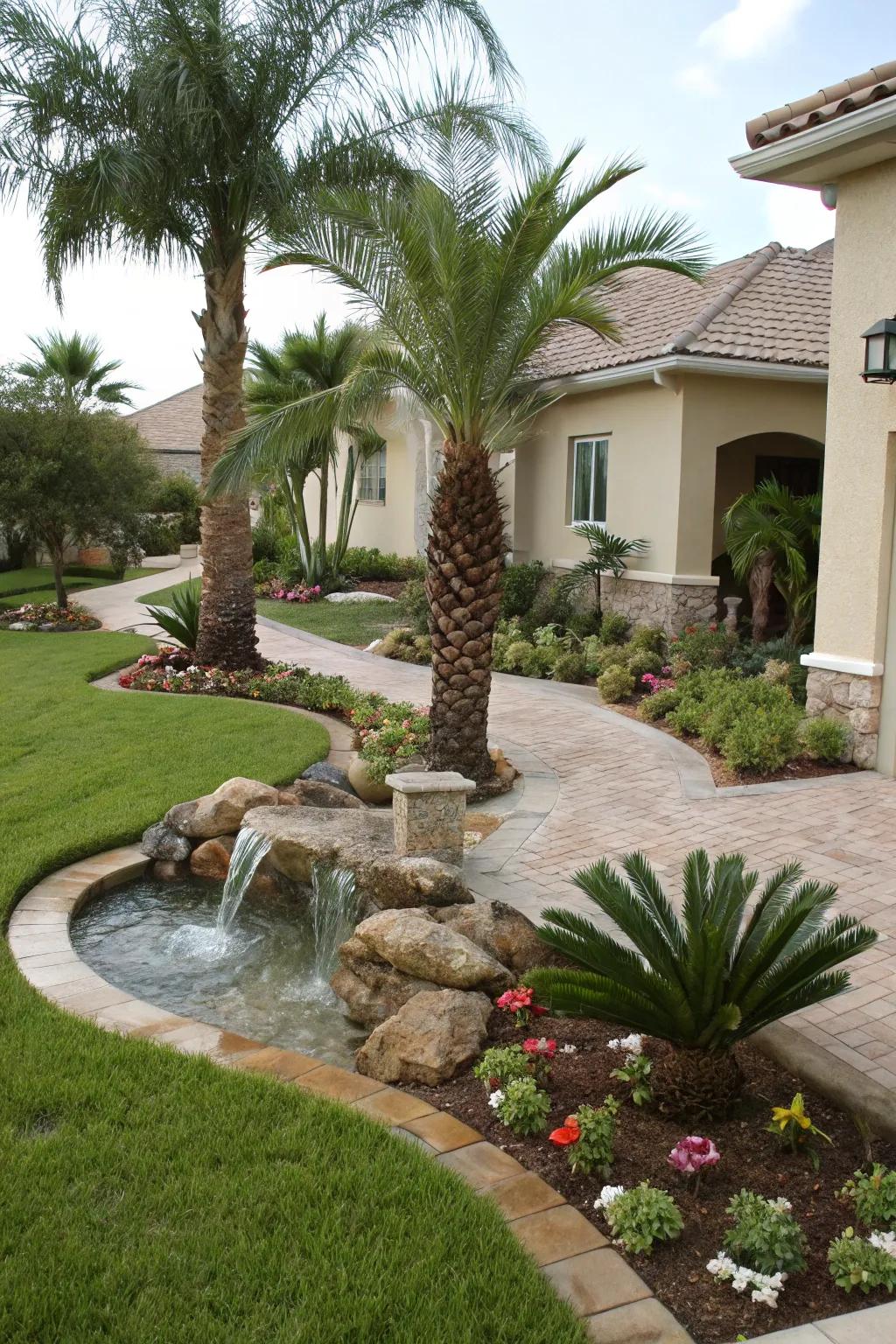 A water feature amongst palms crafts a peaceful garden retreat.
