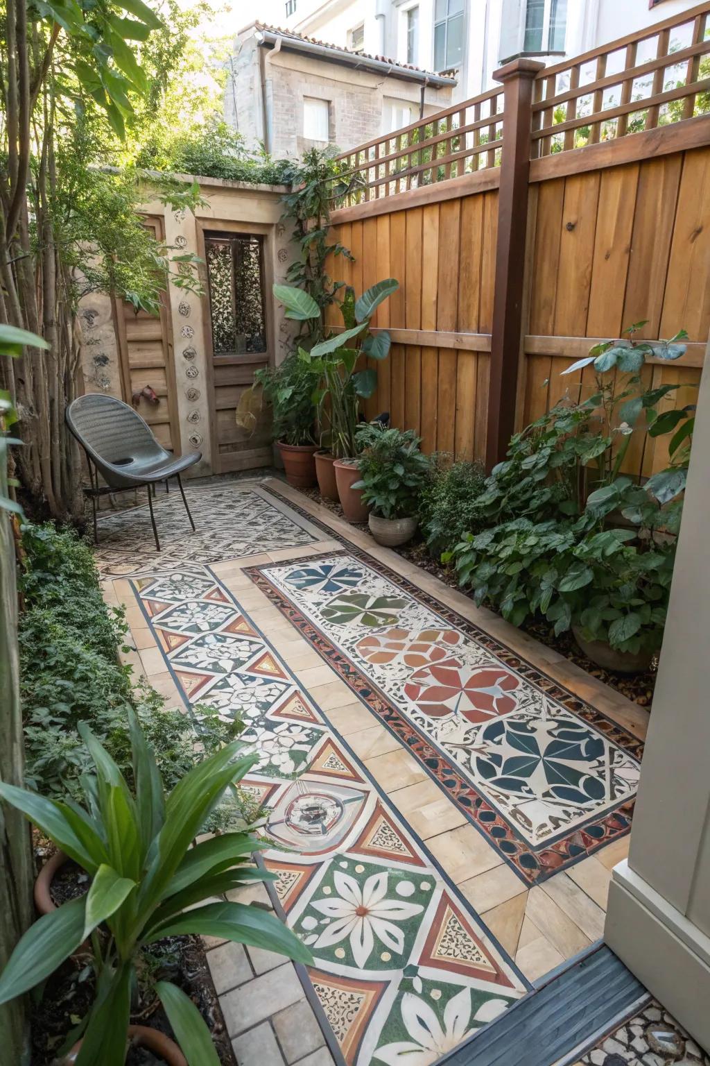 A small patio improved with attractive, visually striking styled floor coverings.