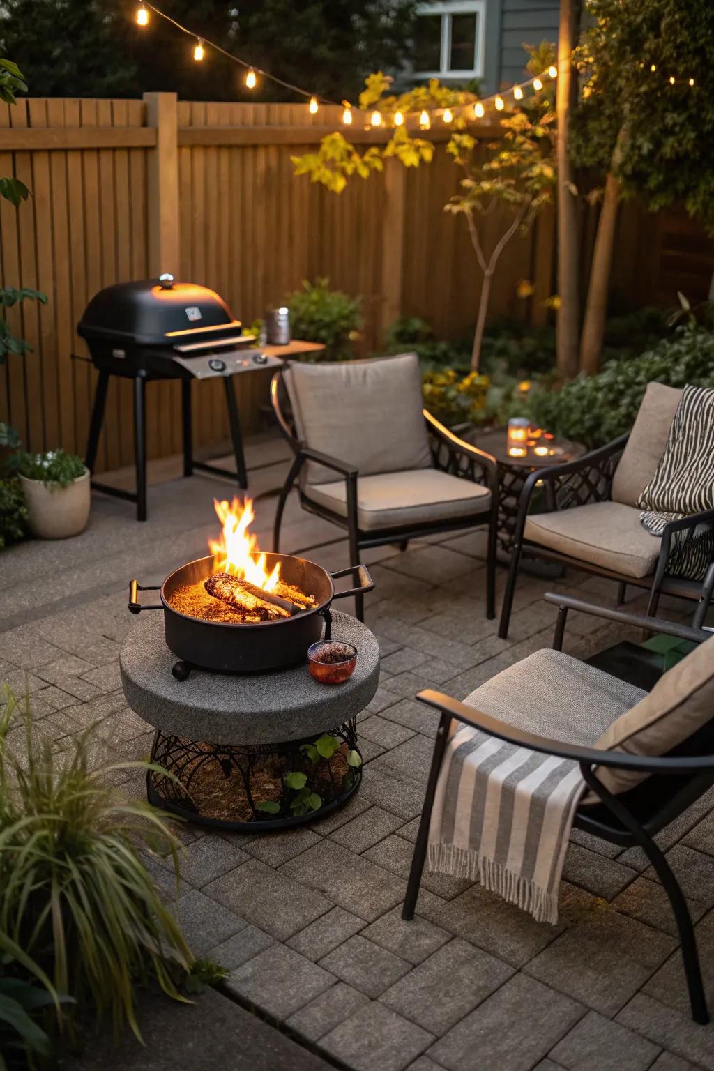 Fire pit tables add ambiance and heat.