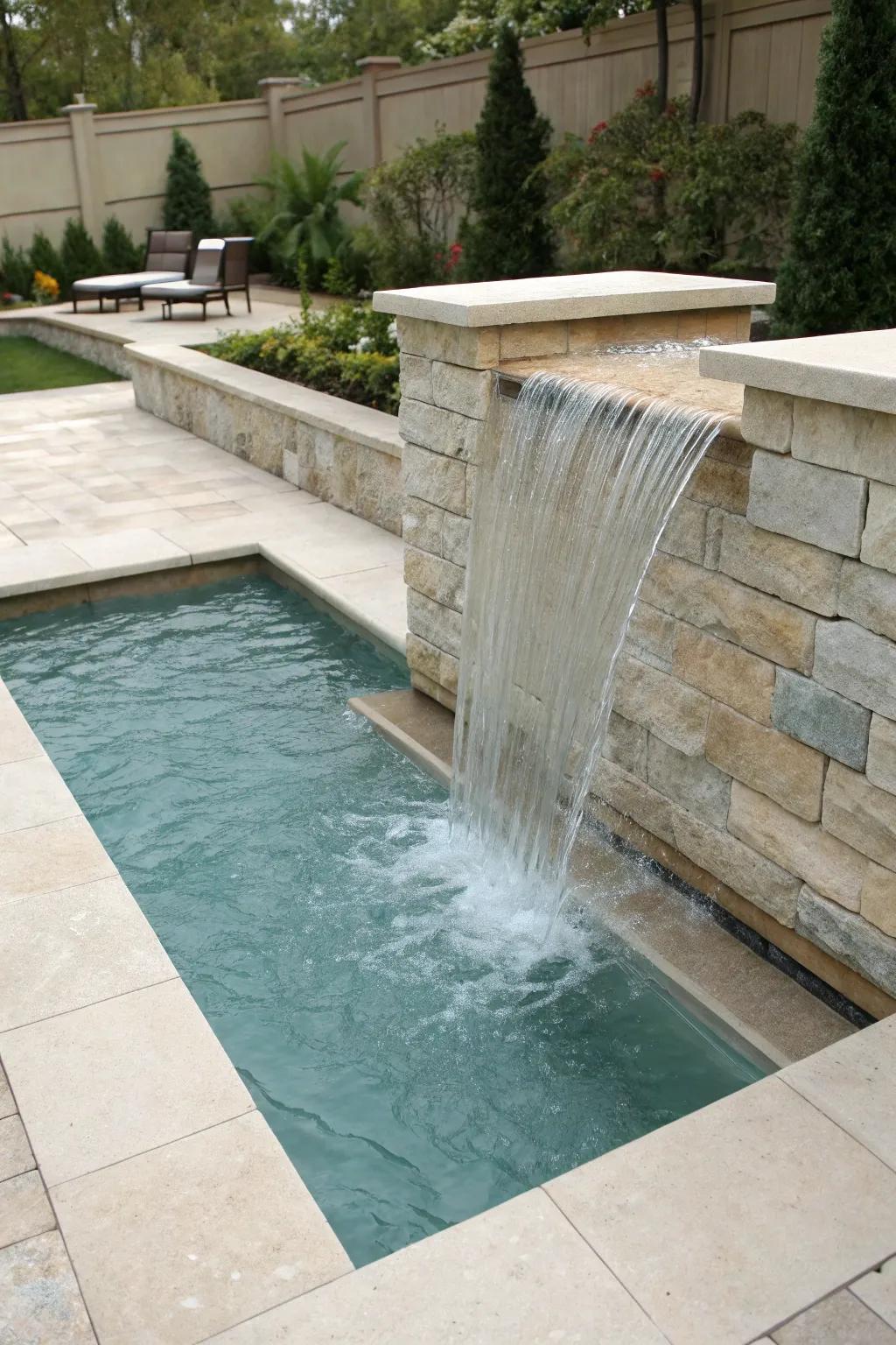 Sheer descent waterfalls append a sleek and contemporary touch to pools.