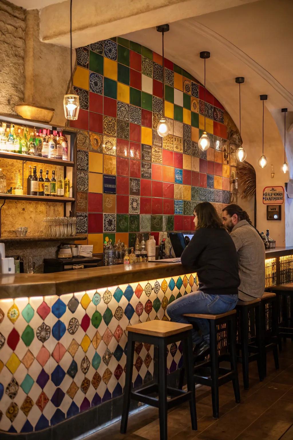 A dynamic backsplash introducing vibrancy and flair to a small restaurant bar.