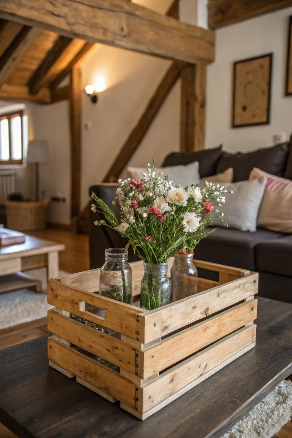 A timber crate filled with flowers adds homespun charm to any room.