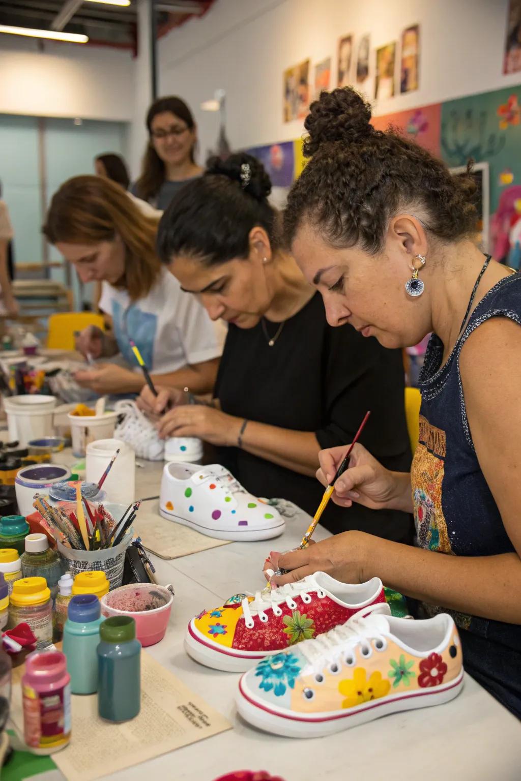 Visitors engaging inventively at a sneaker customization station.