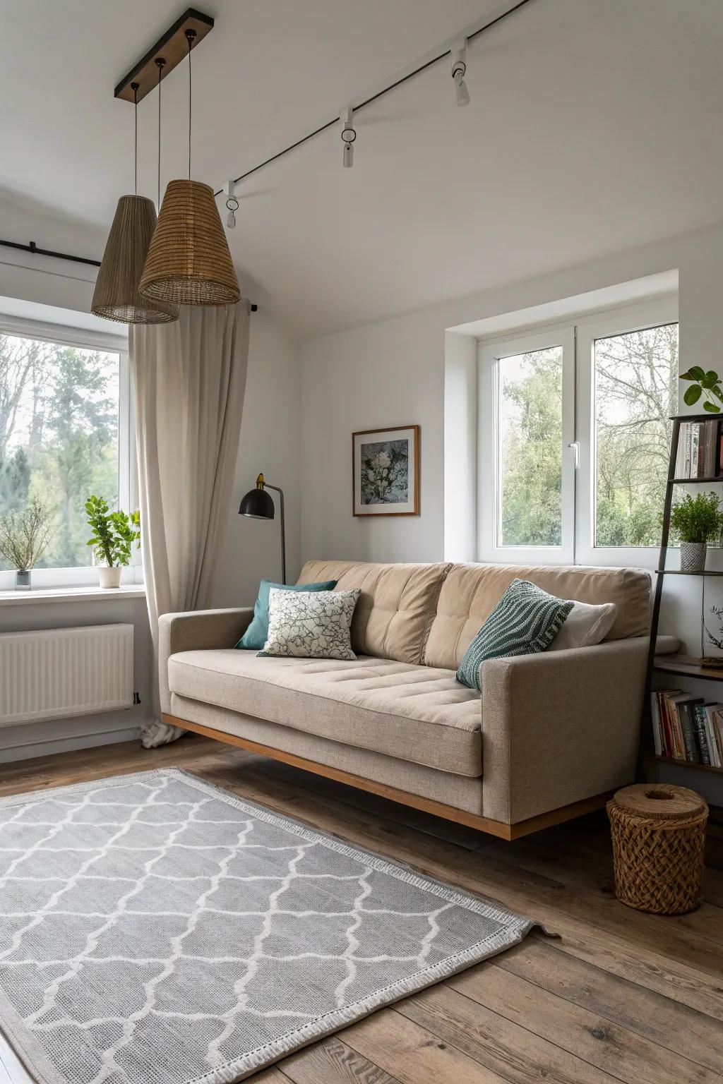 A raised couch with exposed legs provides the perception of greater area.