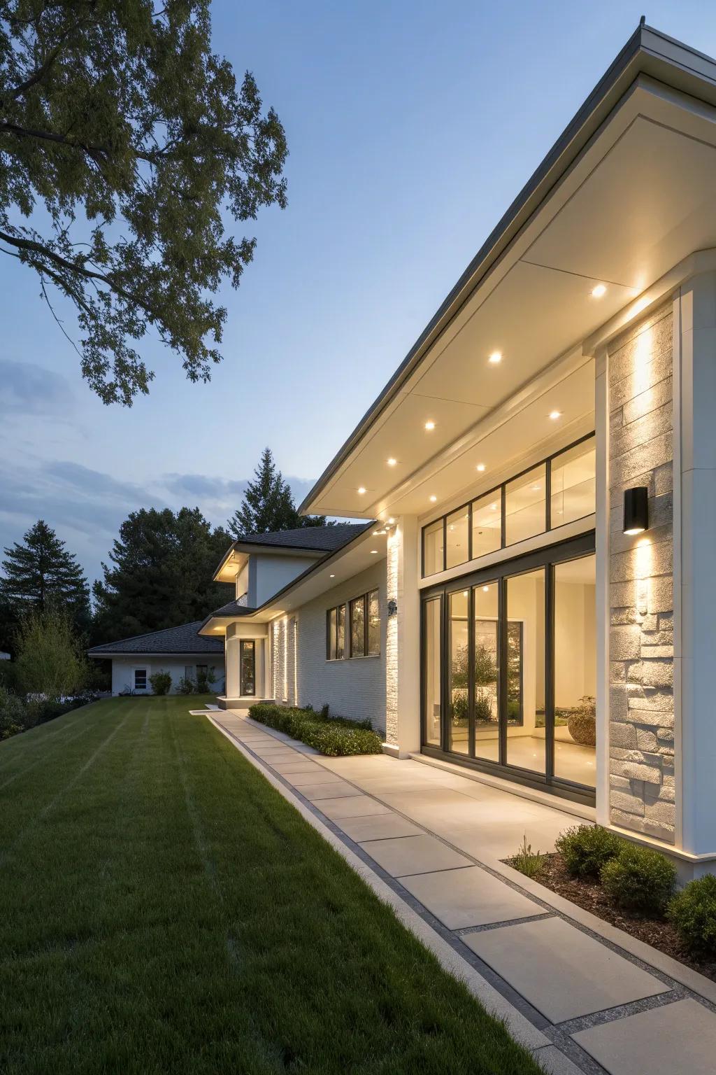 Crisp white soffit lighting adds a contemporary touch to modern homes.