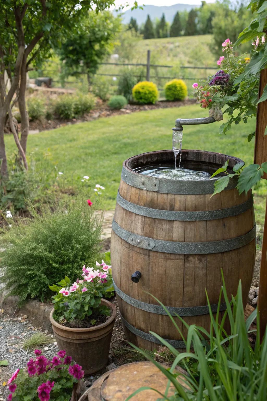 A vintage wine cask transformed into a charming sun-driven fountain.