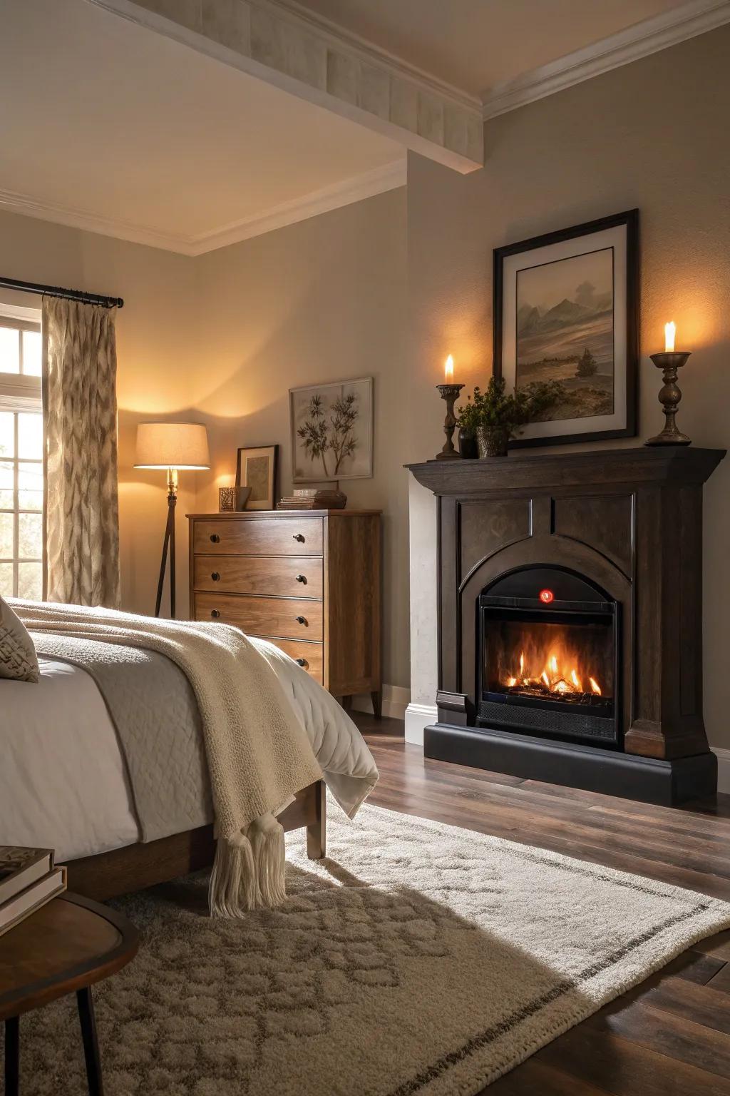 An electric log burner introduces cozy warmth to your bedroom.