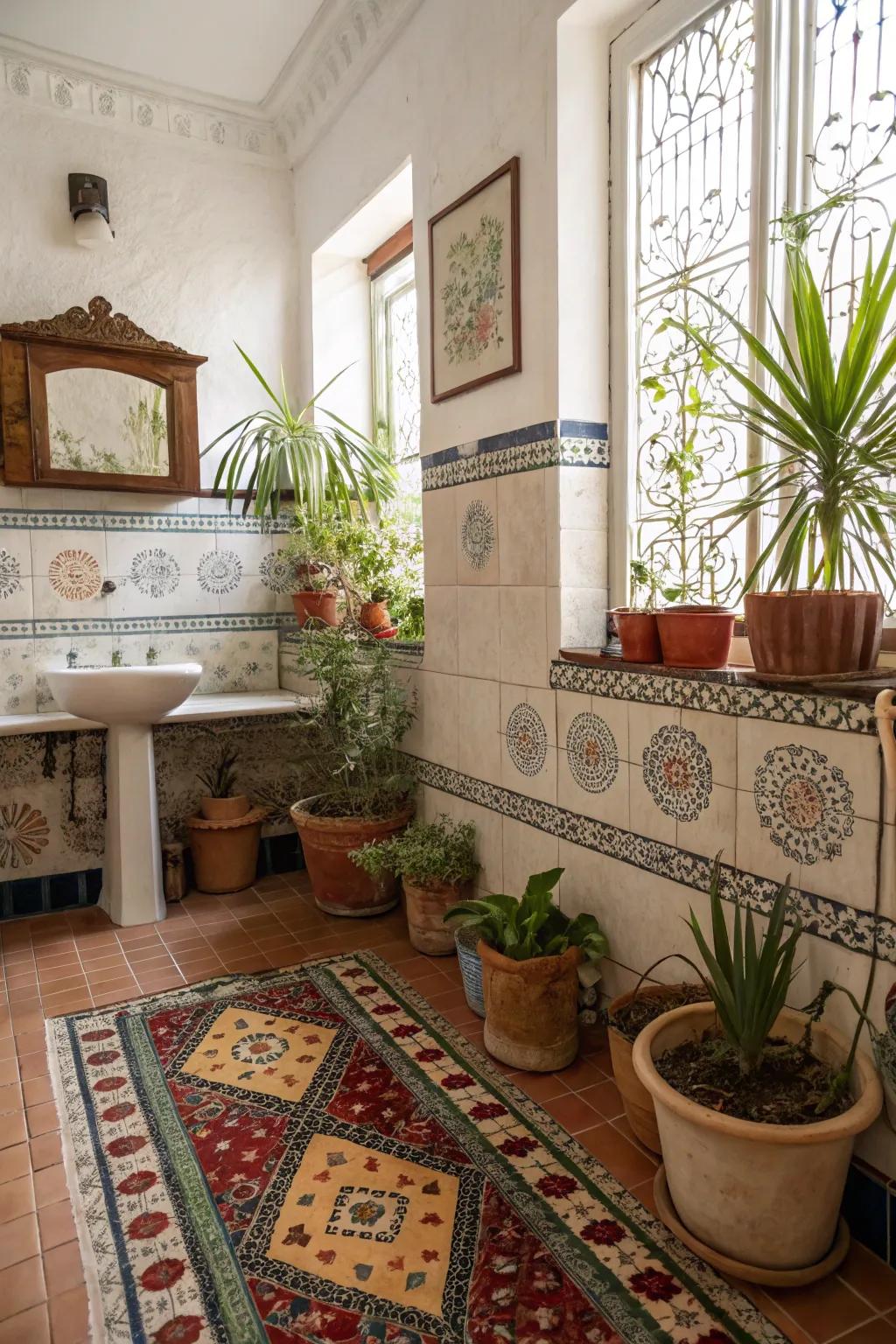 Greenery breathes life into a warm Spanish-style bathing area.