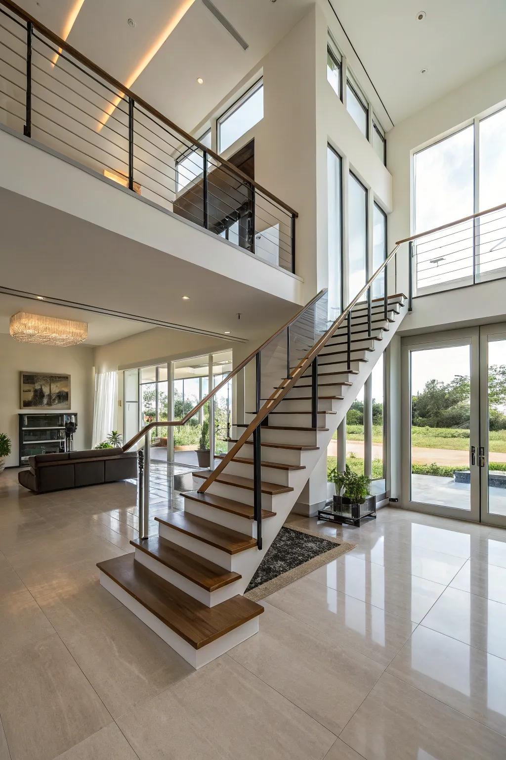 Suspended stairways provide class and modernity.