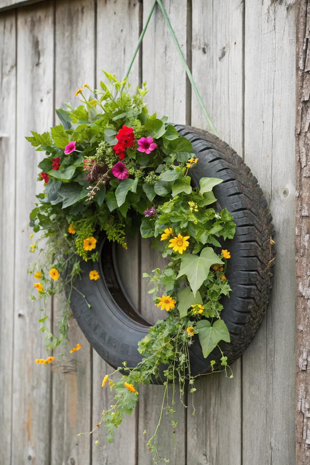 A rustic car wheel wreath ideal for farmhouse décor.