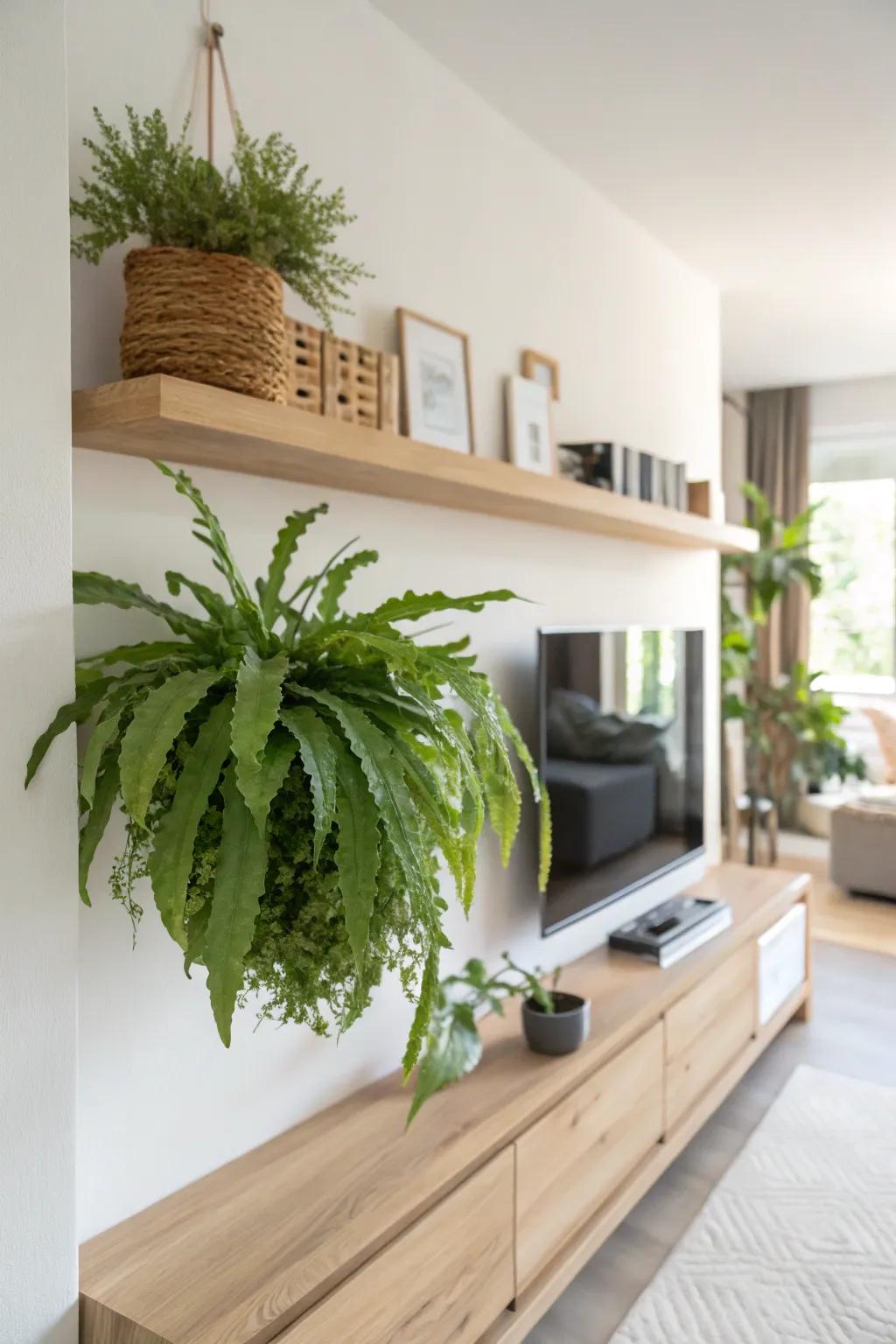 A surface-mounted plank presents a sleek and simple approach to exhibiting a staghorn fern.