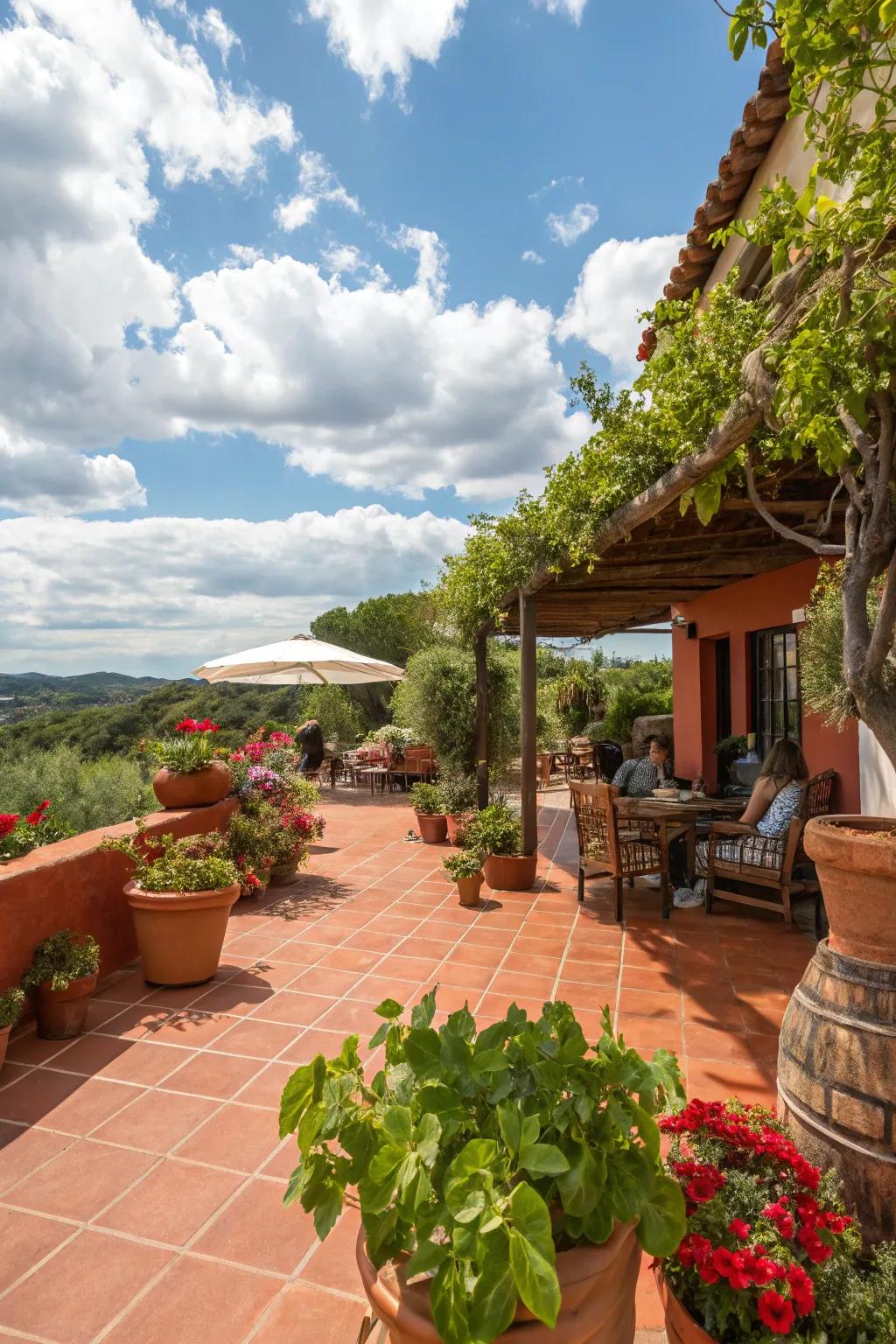 A Tuscan-inspired patio with warm terracotta concrete tints.
