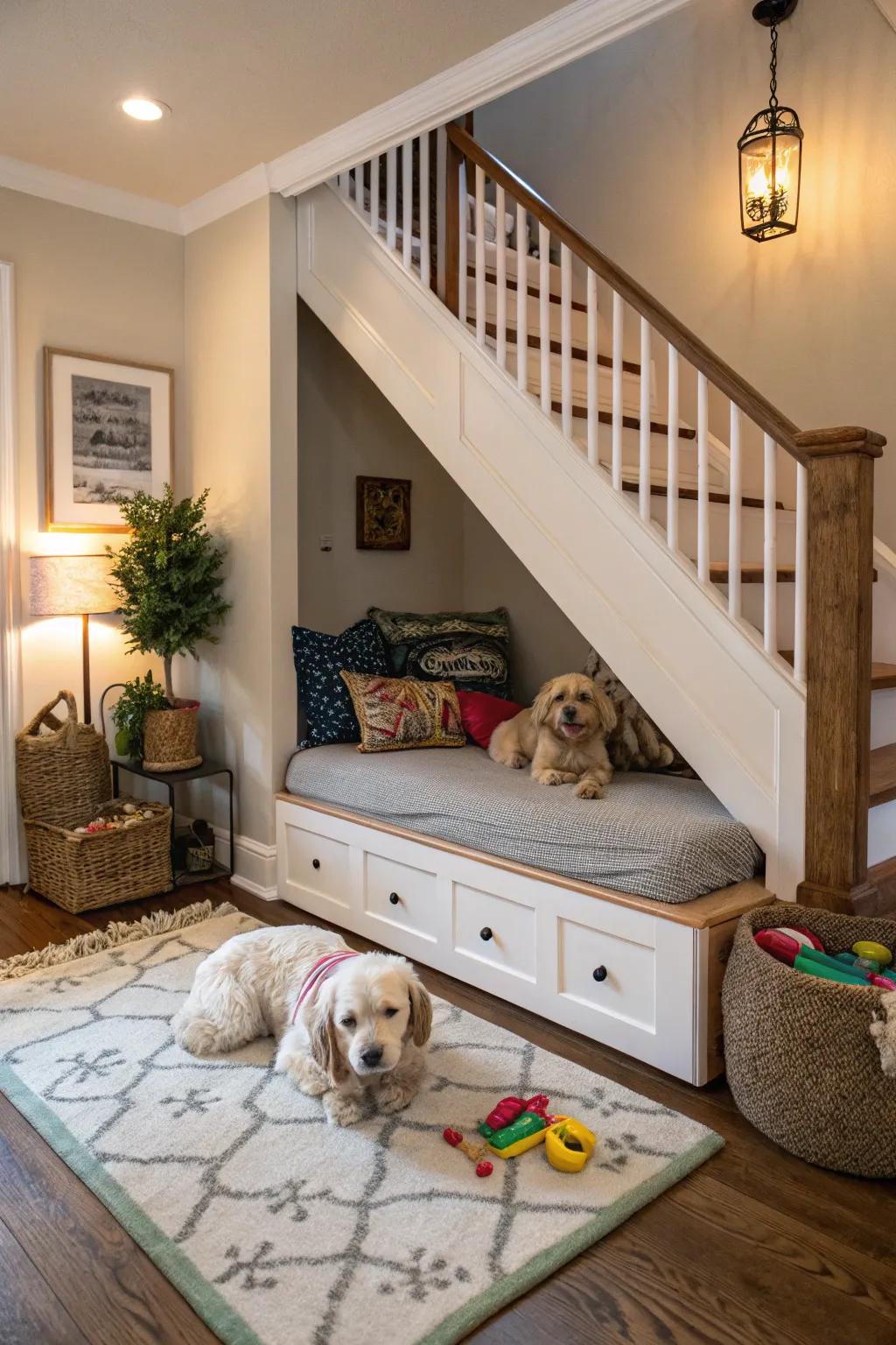 Pamper your pets with their own special nook under the stairs.