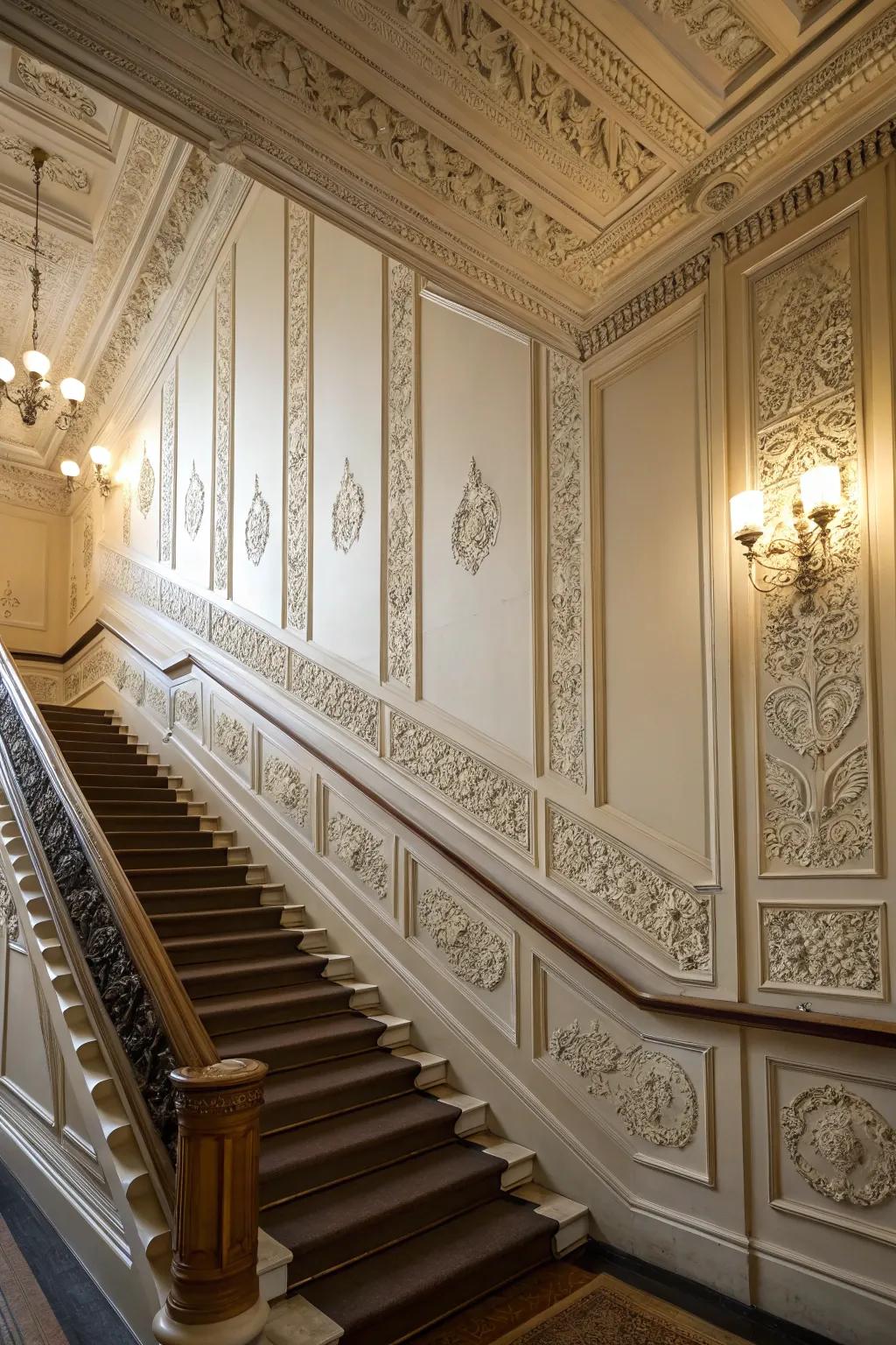 Architectural decor provides an element of ageless elegance to staircase walls.