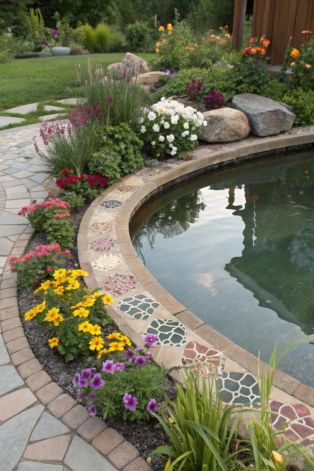 Garden pond featuring artistic artificial mosaic stamped concrete border