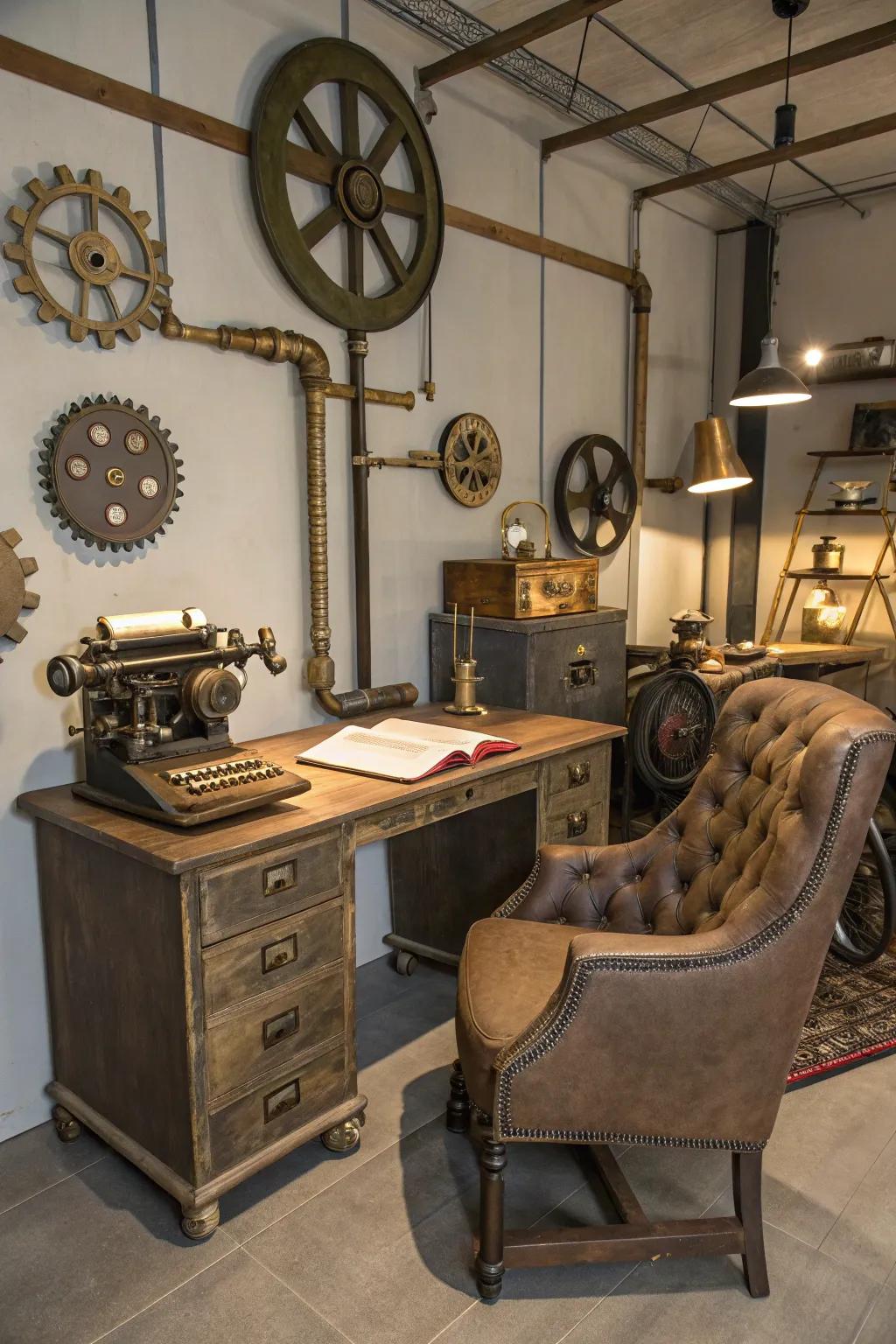 Reclaimed factory furniture adds character and sustainability to this steampunk space.