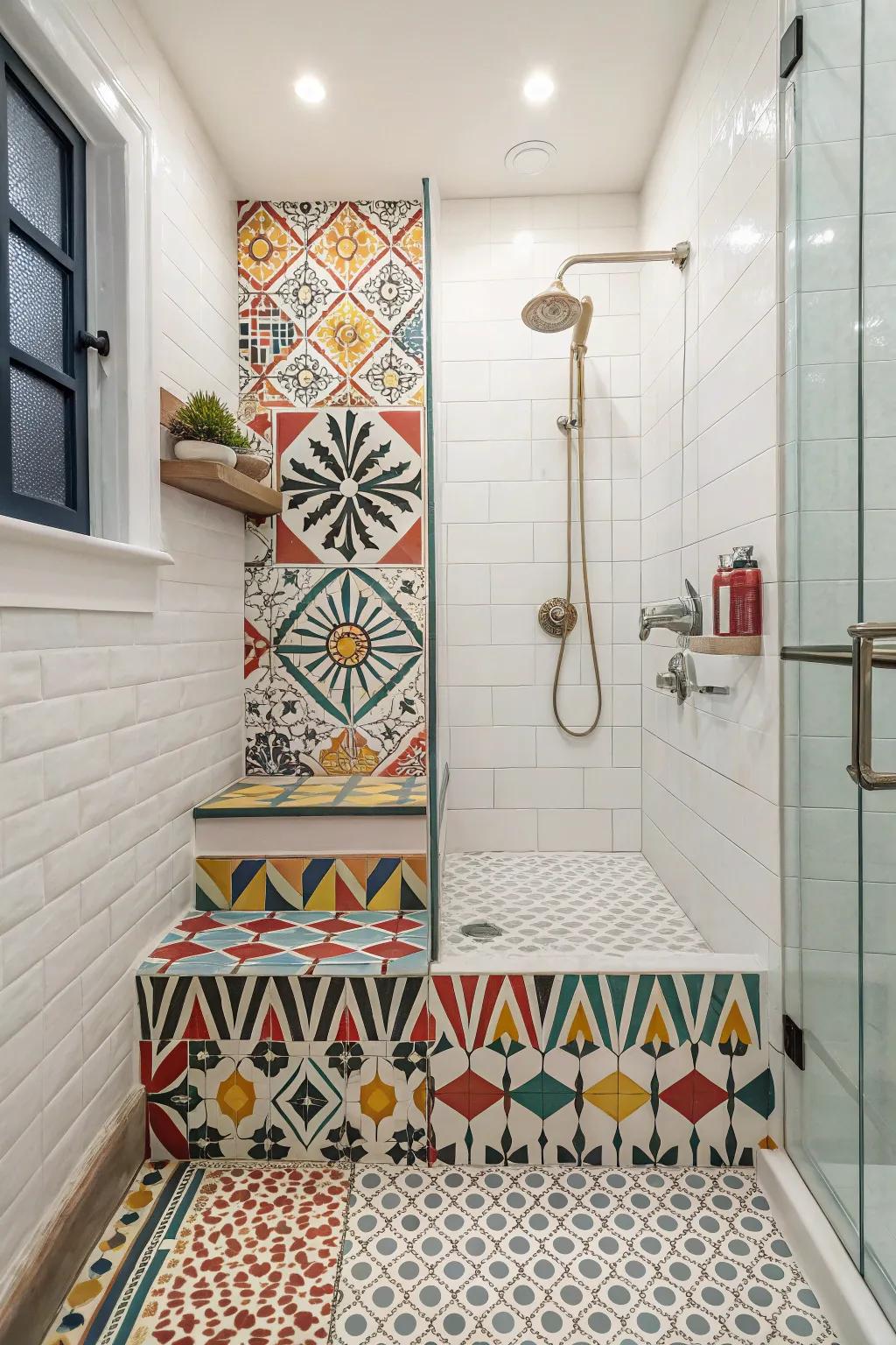 A split-level shower exhibiting audacious and artistic patterned tiles.