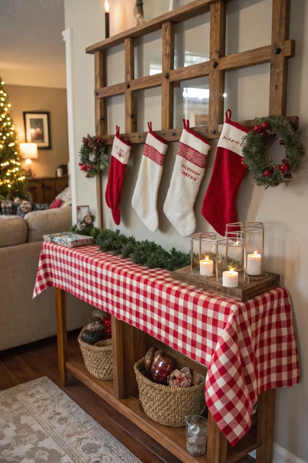 Entryway consoles result in captivating stocking presentations.