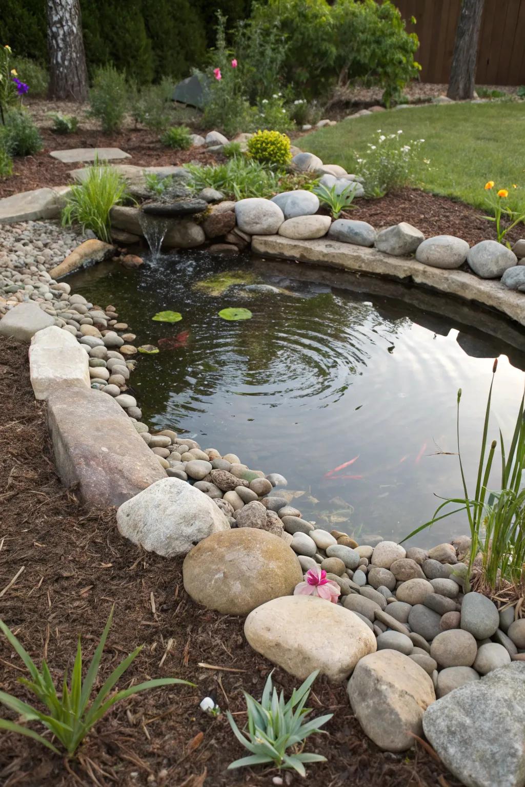 Enhance your pond by bordering it with stones and mulch.