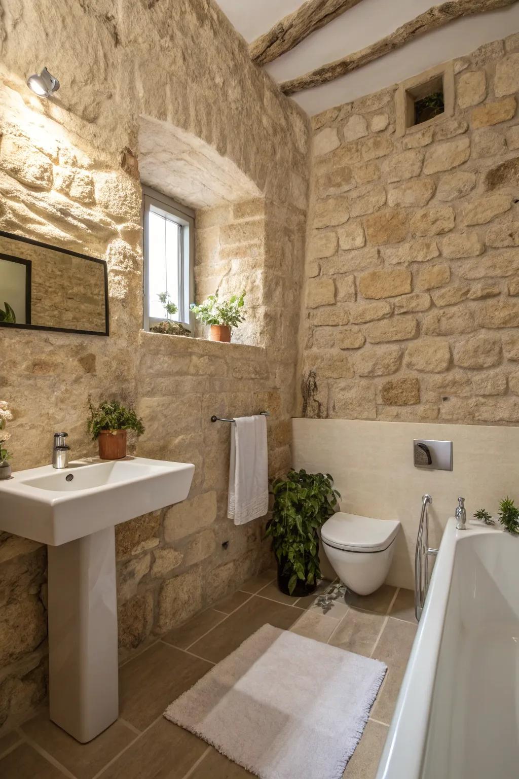 A minimalist bathroom with rock walls and simple decor, displaying inherent beauty.