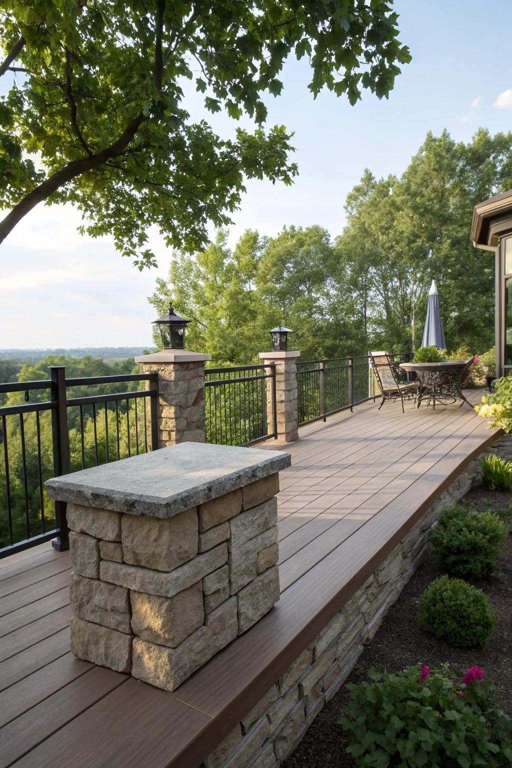 A modern deck displaying a chic mix of stone cladding and metallic features.